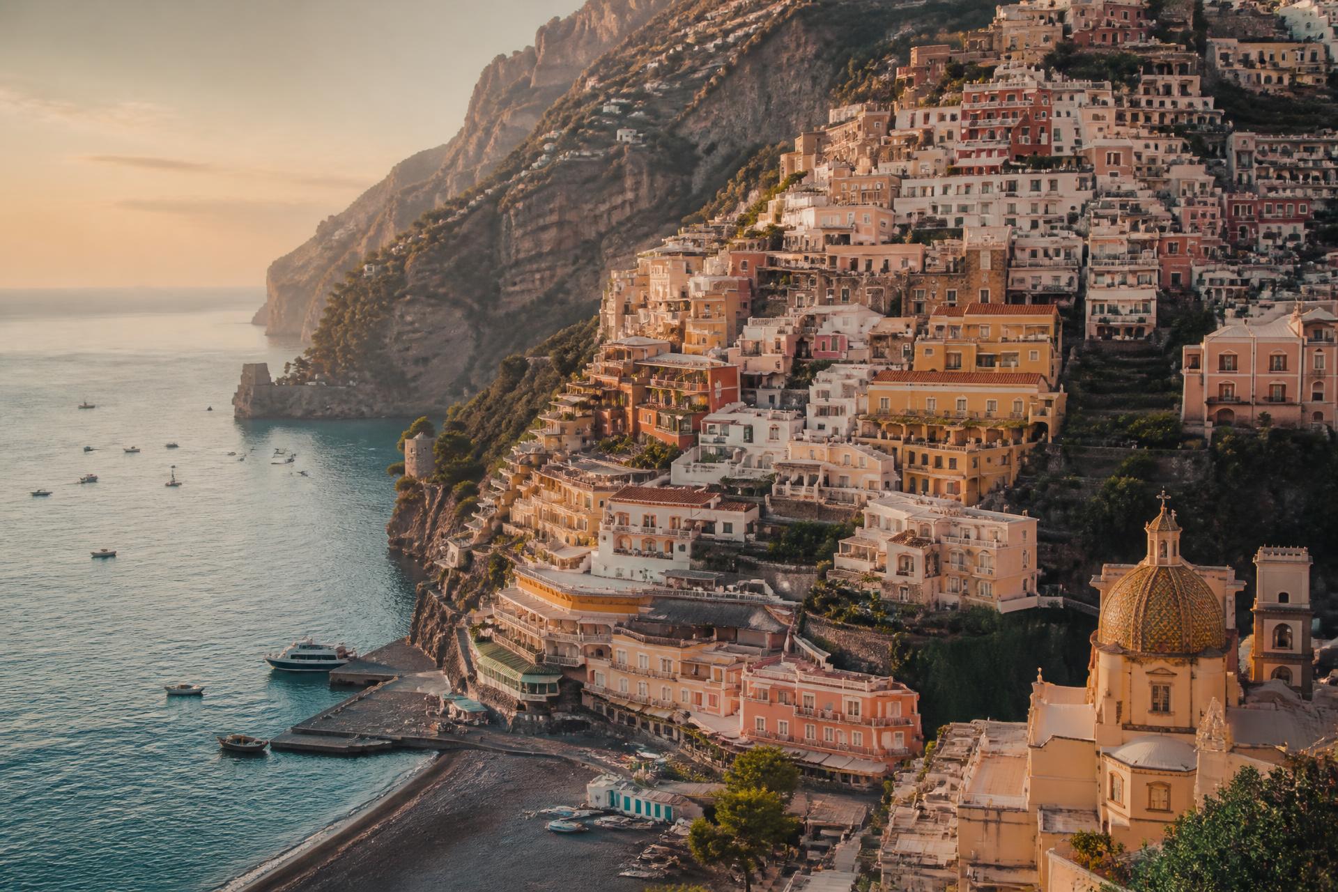 Cliffside village above the sea on the Amalfi Coast at golden hour
